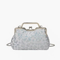 Silver sequin shell-shaped evening bag with metal handle and detachable chain strap - White