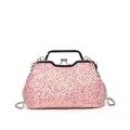 Pochette da sera rosa con paillettes, manico in metallo argento e tracolla a catena - Rosa