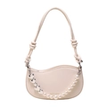 Chic cream white PU leather half-moon shoulder bag with pearl and silver heart chain - White