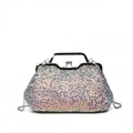 Sparkly iridescent sequin evening bag with silver metal handle and chain strap - Gray