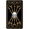 Detail of Ten of Swords tarot tapestry featuring a skull and gold swords on black background - Ten of Swords (X)