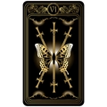 Detail showing gold tarot sword and butterfly art on a black tapestry background - Six of Swords (VI)