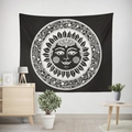 Bohemian sun and moon tapestry in black and white hanging in a modern bedroom - B&W Sun God Mandala (款式-11)