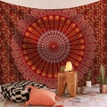 Bohemian large red mandala tapestry with intricate yellow and green geometric patterns - Deep Red Mandala (Style-8)