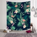 Macro detail of tropical tapestry with pink flamingos on a white brick wall background - Deep Blue Hibiscus Flamingo (Style-7)