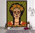 Wandteppich mit mexikanischem Totenkopf-Mädchen-Motiv und gelbem Rosenkranz-Dekor - 95x73cm / Olivgrün Catrina (Stil-1)