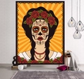 Wandteppich mit Skelett-Mädchen-Motiv im mexikanischen Tag der Toten Design - 95x73cm / Orangegelb Catrina (Stil-2)