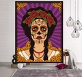 Wandteppich mit Totenkopf-Mädchen, roten Rosen und lila Muster für Wanddeko - 95x73cm / Lila Streifen Catrina (Stil-3)