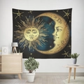 Bohemian black wall tapestry with golden sun moon and stars pattern in a modern living room - Black Gold Celestial (款式-15)