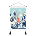 Japanese Great Wave tapestry with wooden scroll and tassels on white background - 35x50cm / Modern Abstract Rising Sun & Ocean Waves (Style 5)