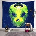 Detail of alien skull tapestry featuring UFO and cow scene on a white brick wall - 95x73cm (Peach Skin) / Alien Skeleton and UFO Cow Abduction (Style-1)