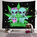 Detailed close-up of psychedelic alien tapestry featuring vibrant neon green leaf patterns - 95x73cm (Peach Skin) / Smoking Aliens and Marijuana Leaf (Style-2)