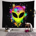 Detail of psychedelic alien tapestry with trippy neon drip art on a white brick wall - 95x73cm (Peach Skin) / Fluorescent Psychedelic Alien Head (Style-3)