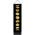 Modern moon phases wall tapestry with gold print, wooden bar and bottom tassels - 32.5x130cm / Black Background With Gold Moon Phases