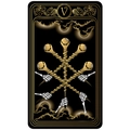 Five of Wands tarot tapestry in black and gold gothic style with skeleton hands - Five of Wands (V)