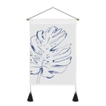 Close-up of minimalist monstera leaf wall tapestry with wooden rod and black tassels - Dark Blue Monstera Leaf Line Art (Style-6)