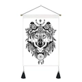 Detail van bohemien wandtapijt met wolfskop, dromenvanger en zwarte decoratieve kwastjes - 35x50cm / Wolfskop Dromenvanger (Stijl 2)