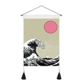 Arazzo onda giapponese con sole rosa, asta per appendere e nappe nere decorative - 35x50cm / Classica Grande Onda di Kanagawa (Stile-3)