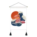 Close-up of Japanese koi hanging scroll featuring waves, sun, and decorative tassels - 35x50cm / Pink Koi And Lotus Pattern (Style 2)