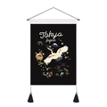 Tapiz de pared japonés con grulla, Monte Fuji y detalles de borlas decorativas - 35x50cm / Estilo 1-Grulla y Monte Fuji (Negro)