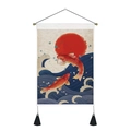 Macro detail of Japanese carp tapestry showing blue waves, red sun, and silk tassels - 35x50cm / Red Sun Double Koi Leap Pattern (Style 4)