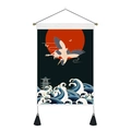 Decoración de pared japonesa con grulla y sol sobre lienzo blanco con borlas - 35x50cm / Estilo 2-Grulla y Olas (Blanco)