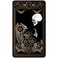 Tarot Seven of Pentacles tapestry featuring a golden skull and gothic stars on black - Seven of Pentacles (VII)
