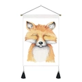 Detail of watercolor fox tapestry with black tassels and wooden hanging pole - 35x50cm / Fox Style