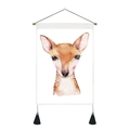 Close-up of Nordic watercolor elk wall art with scroll rod and black tassels - 35x50cm / Reindeer Style