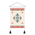 Detail of geometric diamond pattern tapestry with black tassels and wooden hanging rod - Standard Size / Ethnic Symmetrical Style