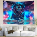 Cosmic galaxy lion wall tapestry in navy blue and purple over a modern white sofa - 95x73cm / Starry Sky Galaxy And Majestic Lion Pattern (Style-3)
