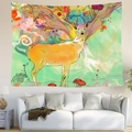 Detail of colorful reindeer art tapestry hanging over a white sofa in a modern living room - Colorful Reindeer (Style 10)