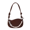 Brown half-moon underarm bag with decorative pearls, silver hearts and gold lettering - Brown