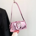 Y2K metallic pink underarm bag with large silver square buckle and glossy faux leather finish - Pink