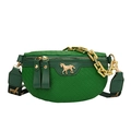 Green woven crossbody saddle bag with gold horse emblem and adjustable strap - Green