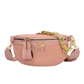 Pink woven saddle bag with gold unicorn logo, chain detail and wide strap - Pink