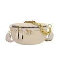 Beige woven semi-circle saddle belt bag with gold chain and horse metal logo - White