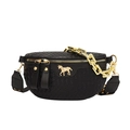 Black woven leather crescent crossbody bag with gold horse logo and chain strap - Black