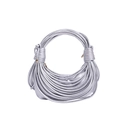 Silver woven crescent bag with unique metallic finish and artistic circular handle - Silver