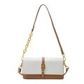 Minimalist square crossbody bag with contrast stitching and golden chain strap for women - Khaki and White