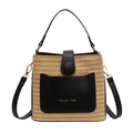 Bolso cubo grande de paja tejida en beige natural con detalles en cuero negro y dorado - Negro (Sin Colgante)