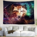 Cosmic wolf tapestry with nebula print hanging above a white sofa in a modern living room - Starry Universe Wolf (Style 5)