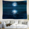 Detail of soft fabric wall tapestry featuring deep blue ocean waves and moonlit night sky - Full Moon Over Sea (Style 8)
