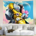 Wall hanging tapestry featuring a girl astronaut blowing bubbles over a white sofa - 95x73cm / Astronaut Girl Blowing Bubbles (Style 2)