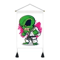 Alien martial arts wall tapestry with pink splatter and decorative black tassels - 35x50cm / Martial Arts Fighting Alien (Style 2)