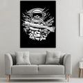 Detail of modern black and white canvas art featuring an astronaut skull and fish - 95x73cm (Brushed) / Style 9-Skeleton Astronaut with Fish