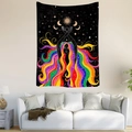 Tapiz bohemio con diosa mística, sol y luna sobre un sofá blanco para decoración pared - 95x73 Cepillado / Diosa de Cabello Arcoíris (Estilo 3)