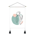 Detail of minimalist line art wall tapestry with pink geometric shapes and black tassels - 35x50cm / Female Back Silhouette with Geometric Blocks (Style 5)