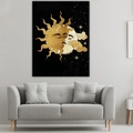 Detailed view of sun and moon embrace tapestry in a modern minimalist living room - Anthropomorphic Sun and Moon Hugging Style