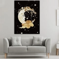 Detail of moon goddess tapestry with gold floral and star patterns above a modern sofa - Golden Flower Wrapped Moon Goddess Style